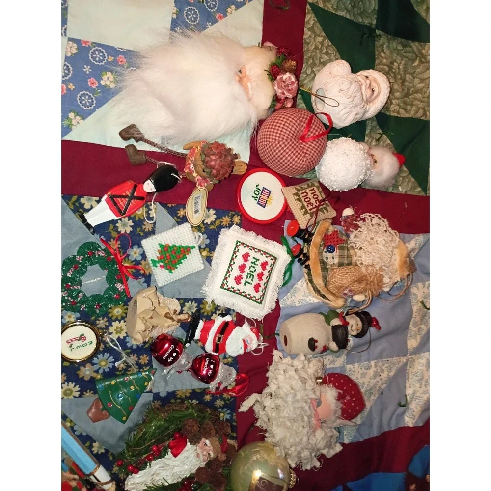 Lot Of 37 Vintage Christmas Ornaments Santa, Needlepoint, Wooden, Ceramic Mixed